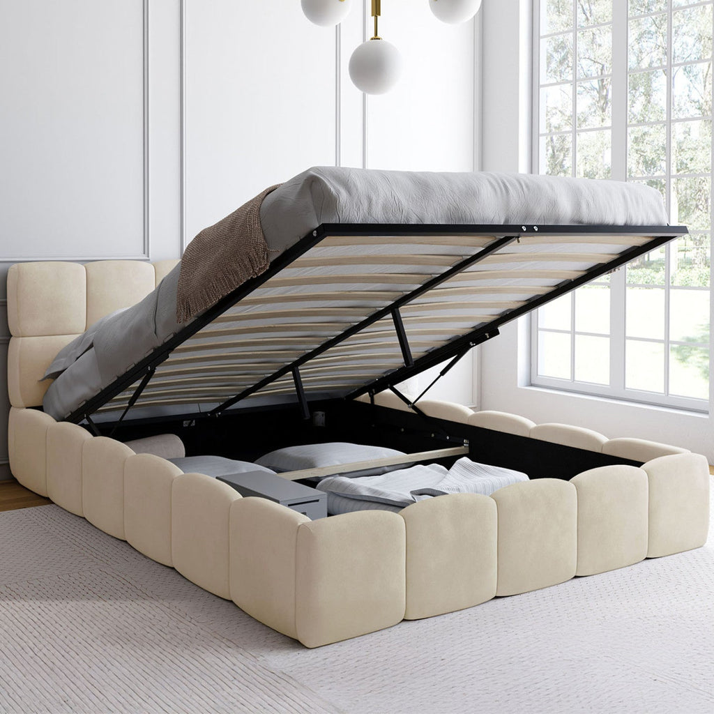Lit coffre double NUAGE avec tête de lit matelassée et sommier 140 x 190 cm velours beige