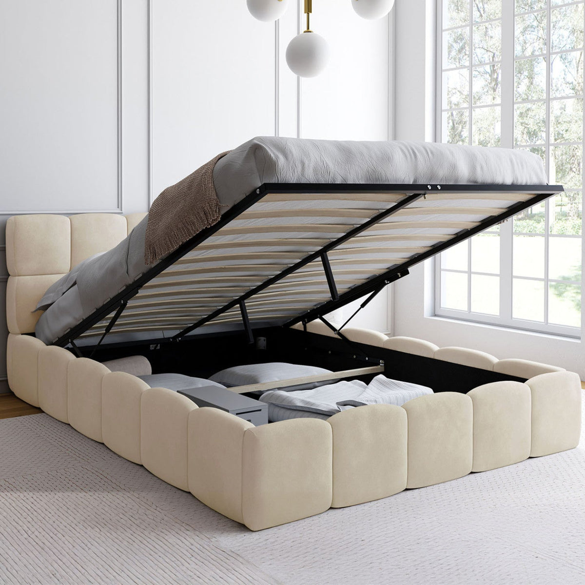 Lit coffre double NUAGE avec tête de lit matelassée et sommier 140 x 190 cm velours beige