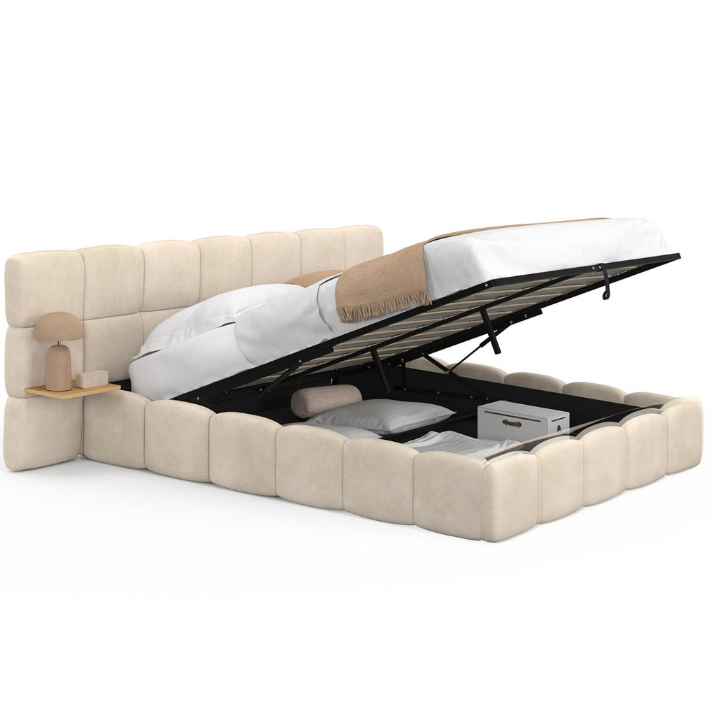 Lit coffre double NUAGE avec tête de lit matelassée + tables de chevet intégrées et sommier 140 x 190 cm velours beige