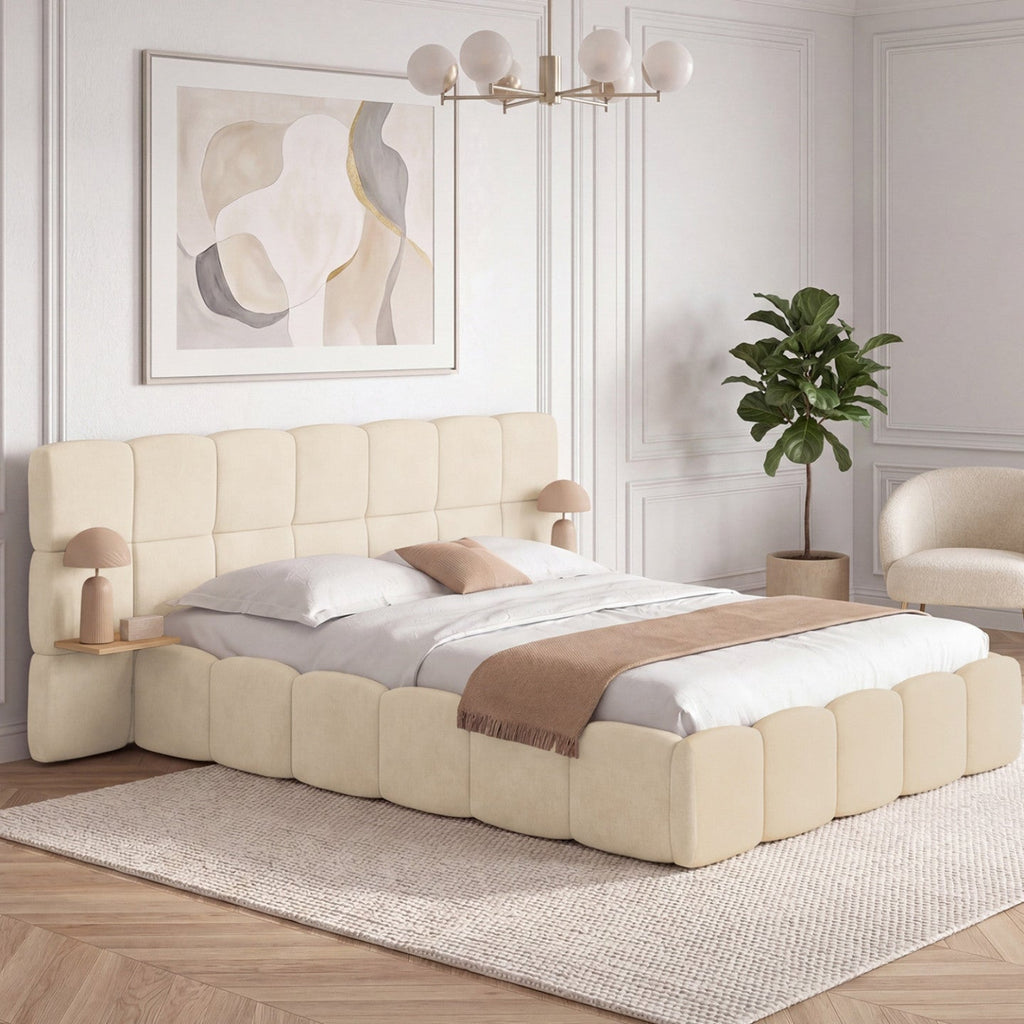 Lit coffre double NUAGE avec tête de lit matelassée + tables de chevet intégrées et sommier 140 x 190 cm velours beige