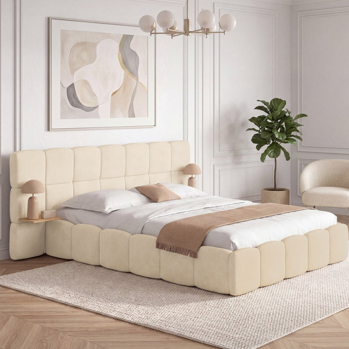 Lit coffre double NUAGE avec tête de lit matelassée + tables de chevet intégrées et sommier 140 x 190 cm velours beige