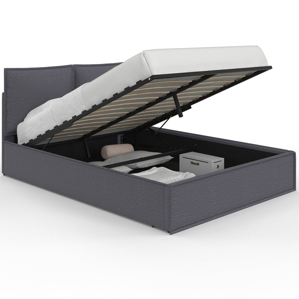 Lit coffre double PILOU avec tête de lit capitonnée et sommier 140 x 190 cm tissu gris anthracite