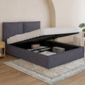 Lit coffre double PILOU avec tête de lit capitonnée et sommier 140 x 190 cm tissu gris anthracite
