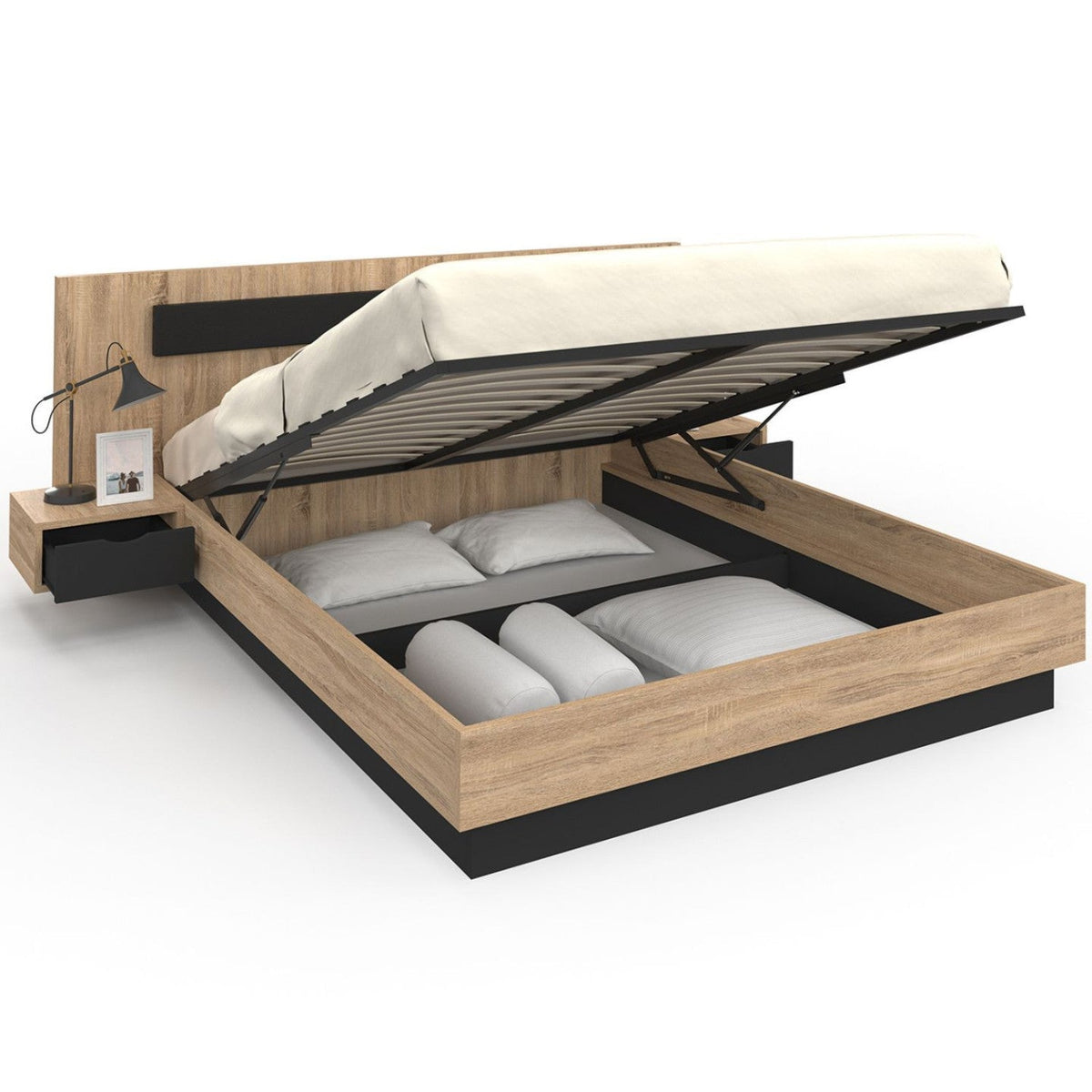 Lit coffre double SANTA avec tête de lit + tables de chevet intégrées et sommier 160 x 200 cm bois et noir