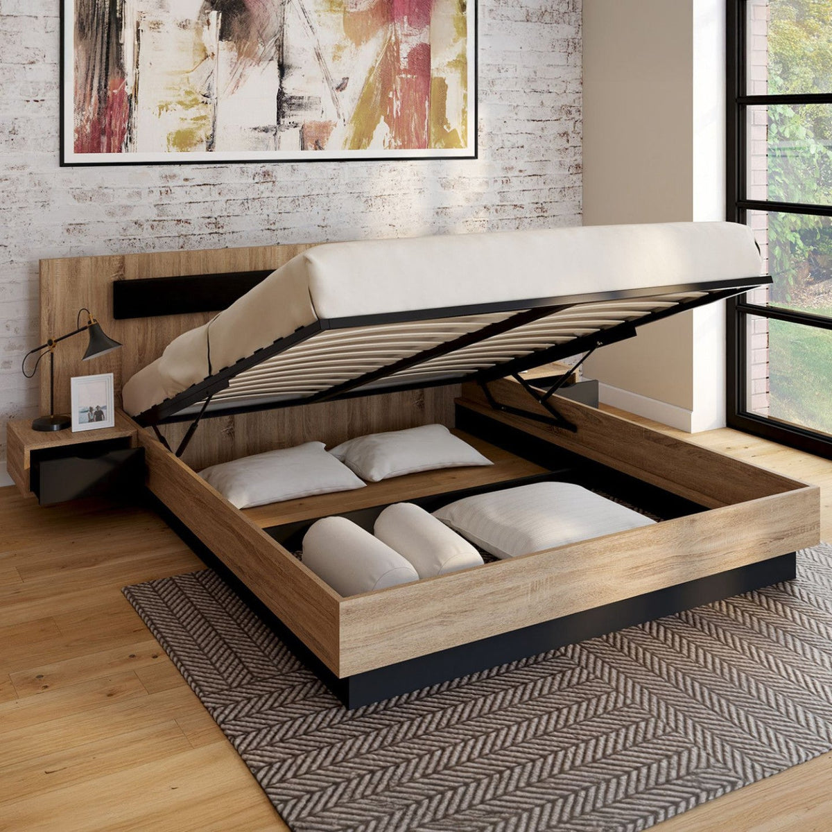 Lit coffre double SANTA avec tête de lit + tables de chevet intégrées et sommier 160 x 200 cm bois et noir