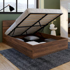 Lit coffre double SEASIDE avec tête de lit et sommier 140 x 190 cm effet noyer