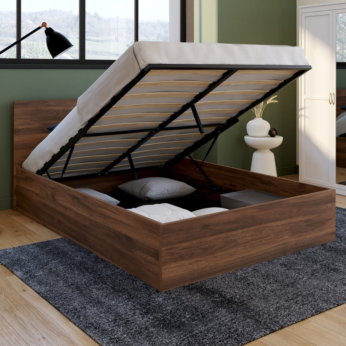 Lit coffre double SEASIDE avec tête de lit et sommier 140 x 190 cm effet noyer