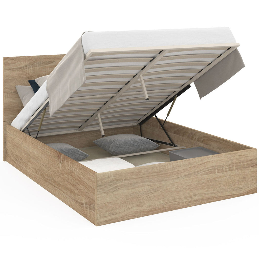 Lit coffre double SEASIDE avec tête de lit et sommier 140x190 cm décor hêtre