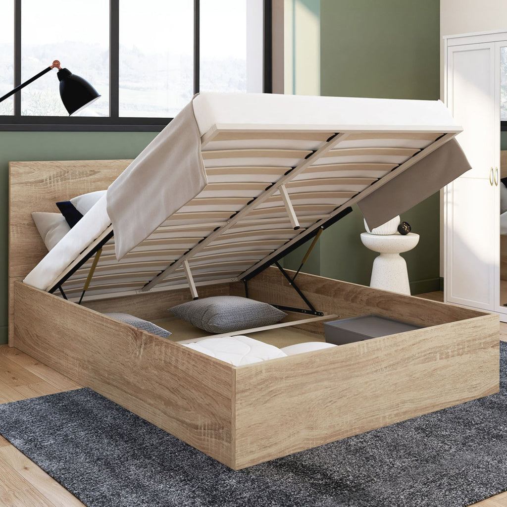Lit coffre double SEASIDE avec tête de lit et sommier 140x190 cm décor hêtre
