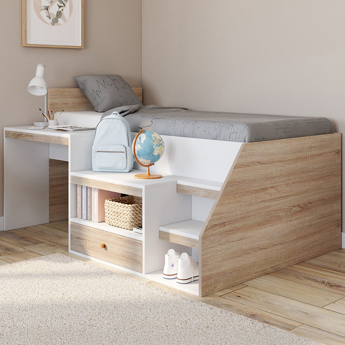 Lit combiné avec sommier, bureau et rangement LEOPOLD 90 x 190 cm hêtre et blanc