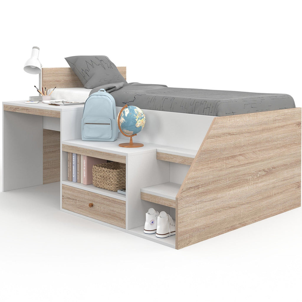Lit combiné avec sommier, bureau et rangement LEOPOLD 90 x 190 cm hêtre et blanc