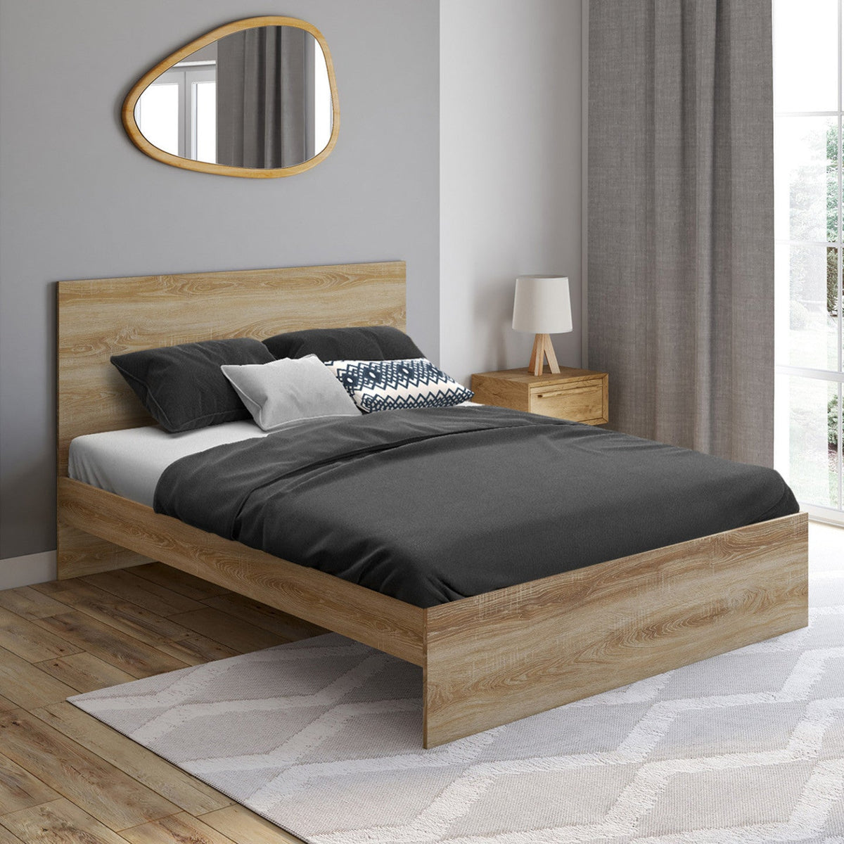 Lit double OMAHA avec tête de lit et sommier 140 x 190 cm aspect hêtre