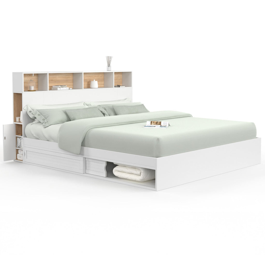Lit double CLEM avec rangements + tête de lit et sommier 180 x 200 cm blanc et hêtre