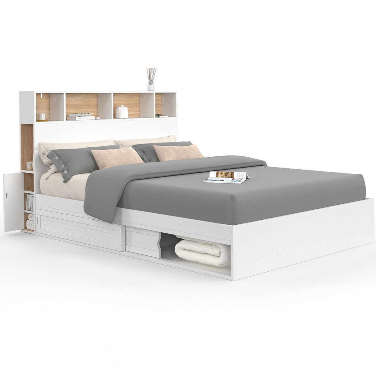 Lit double CLEM avec tête de lit, rangements et sommier 140 x 190 cm blanc