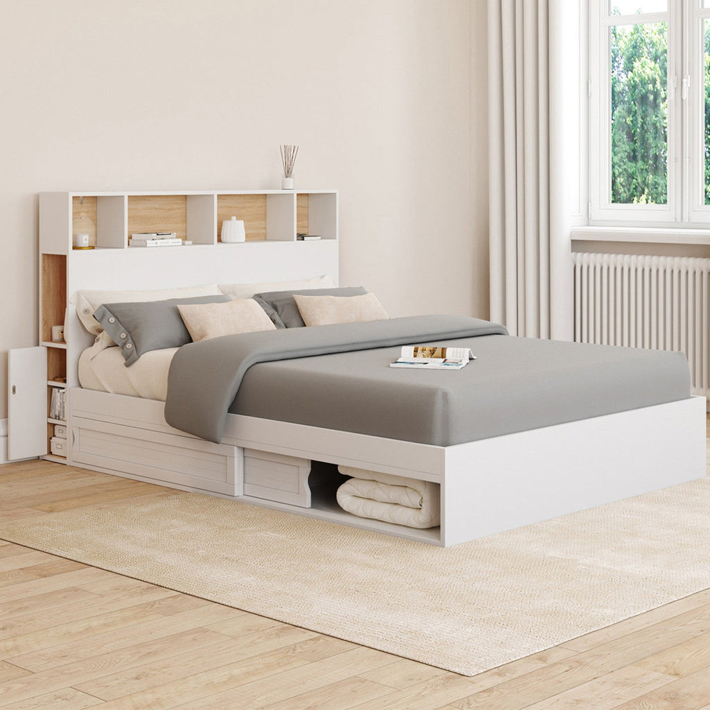 Lit double CLEM avec tête de lit, rangements et sommier 140 x 190 cm blanc