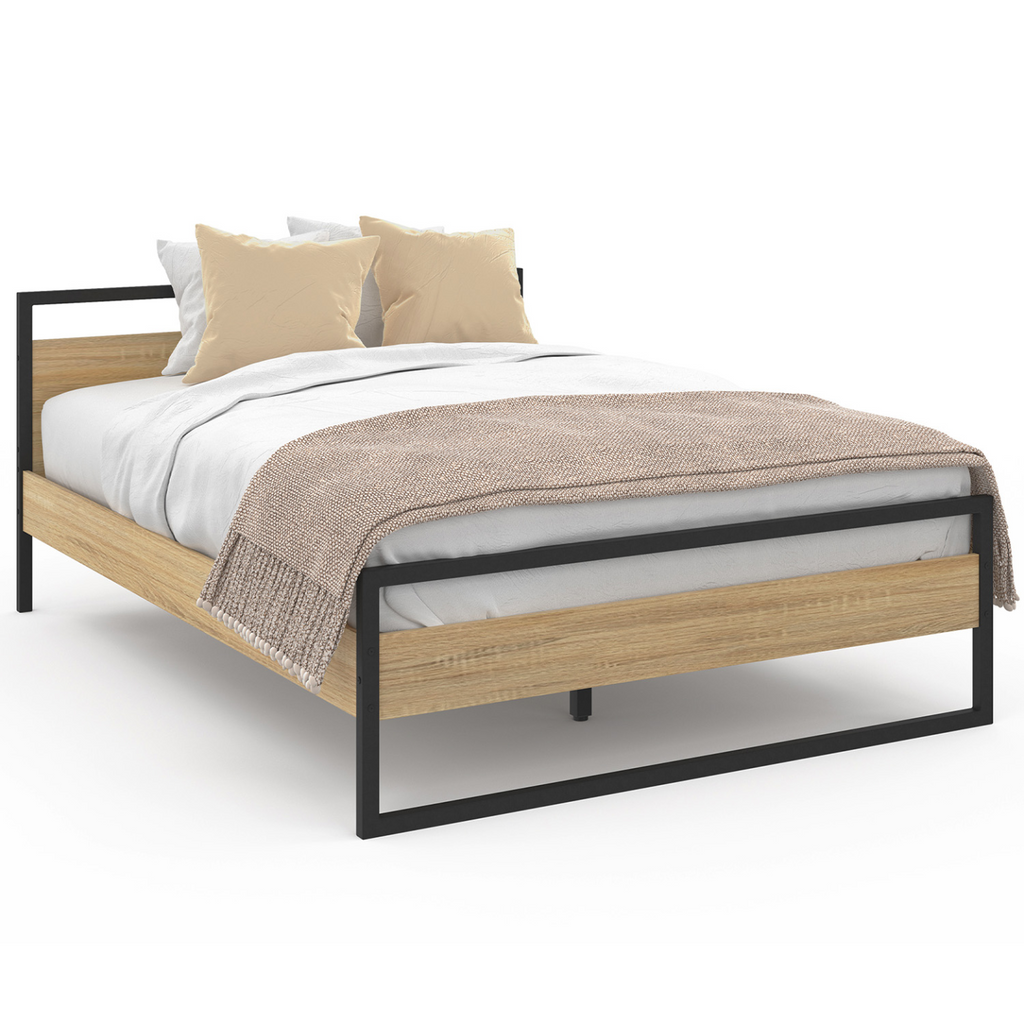 Lit double industriel DETROIT avec tête de lit et sommier 140 x 190 cm bois et métal noir