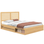 Lit double EDHEN avec rangements + tête de lit effet cannage naturel et sommier 140 x 190 cm coloris bois