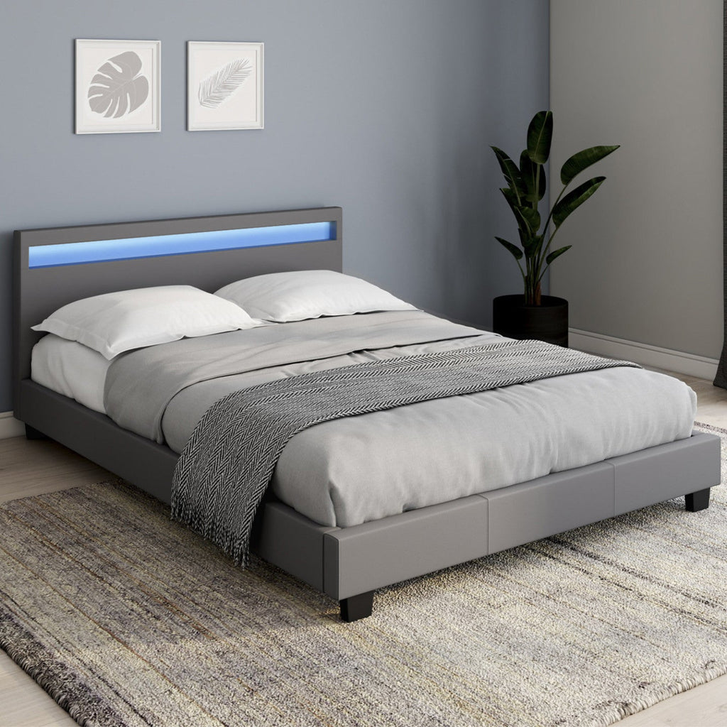 Lit double NEO avec tête de lit LED intégrée et sommier 140 x 190 cm PVC gris