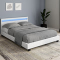 Lit double NEO avec tête de lit LED intégrée et sommier 140 x 190 cm en PVC blanc