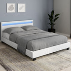 Lit double NEO avec tête de lit LED intégrée et sommier 140 x 190 cm en PVC blanc