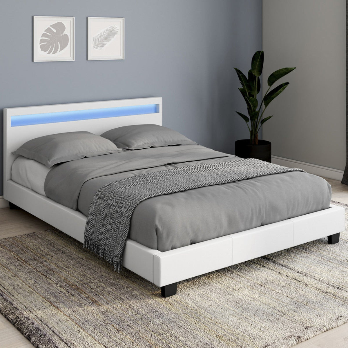Lit double NEO avec tête de lit LED intégrée et sommier 140 x 190 cm en PVC blanc