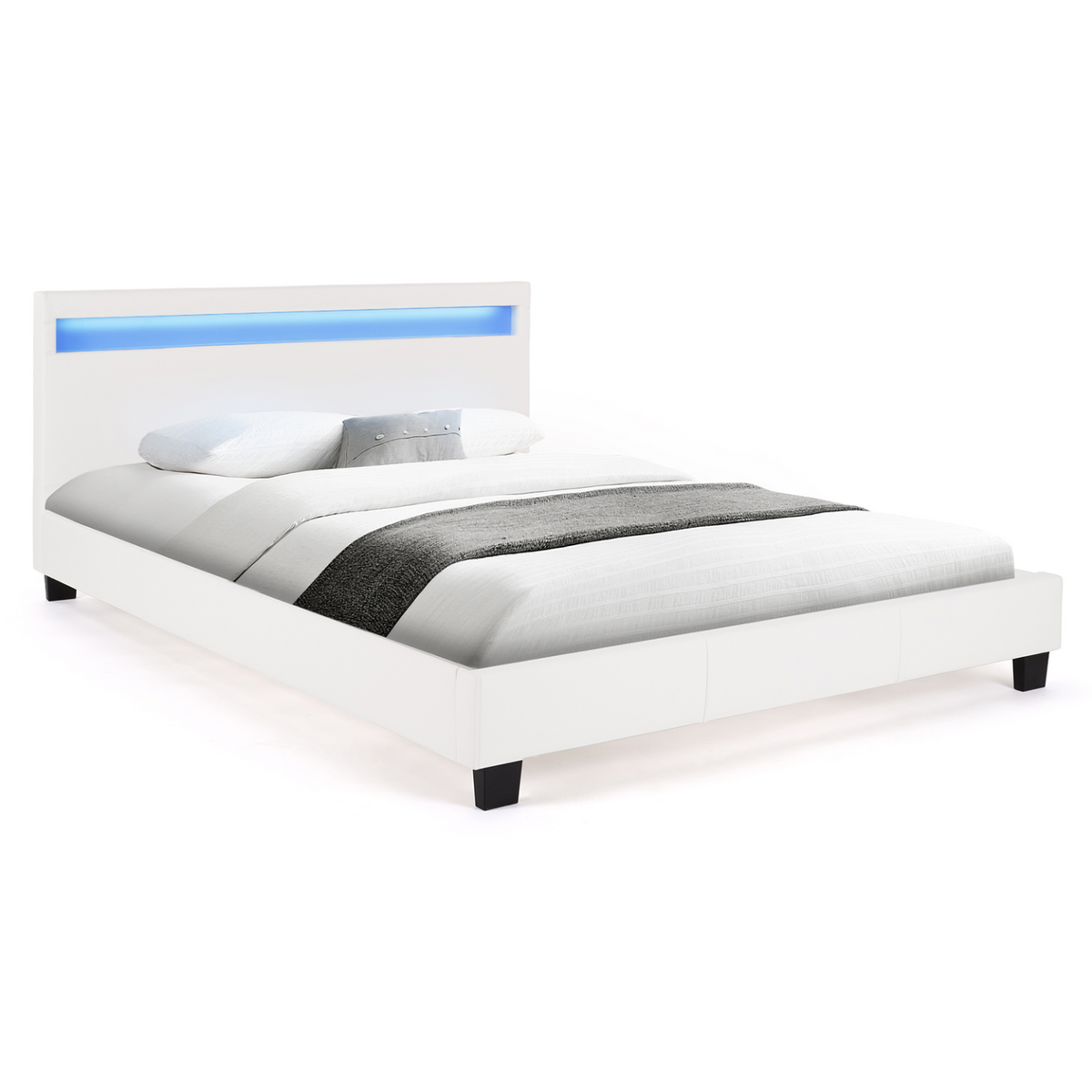 Lit double NEO avec tête de lit LED intégrée et sommier 140 x 190 cm en PVC blanc