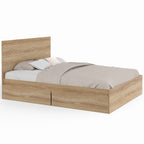 Lit double OMAHA 4 tiroirs sur roulettes avec tête de lit et sommier 140 x 190 cm aspect hêtre