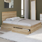 Lit double OMAHA 4 tiroirs sur roulettes avec tête de lit et sommier 140 x 190 cm aspect hêtre