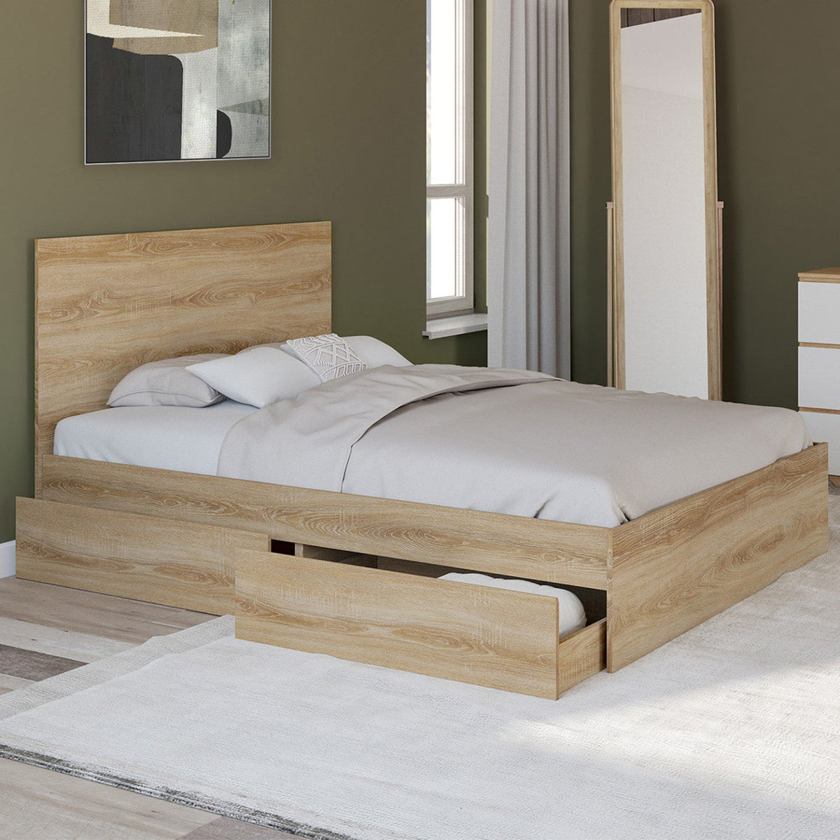 Lit double OMAHA 4 tiroirs sur roulettes avec tête de lit et sommier 140 x 190 cm aspect hêtre