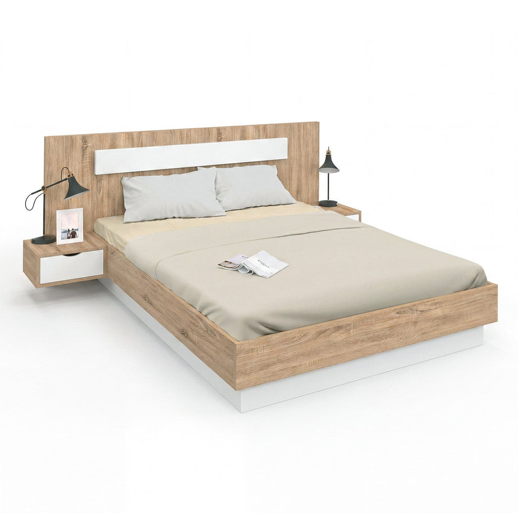 Lit double SANTA avec tête de lit + tables de chevet intégrées et sommier 140 x 190 cm bois et blanc