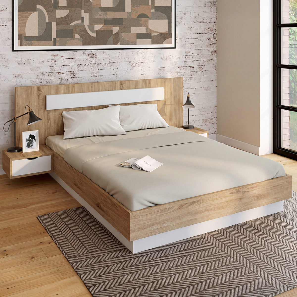 Lit double SANTA avec tête de lit + tables de chevet intégrées et sommier 140 x 190 cm bois et blanc