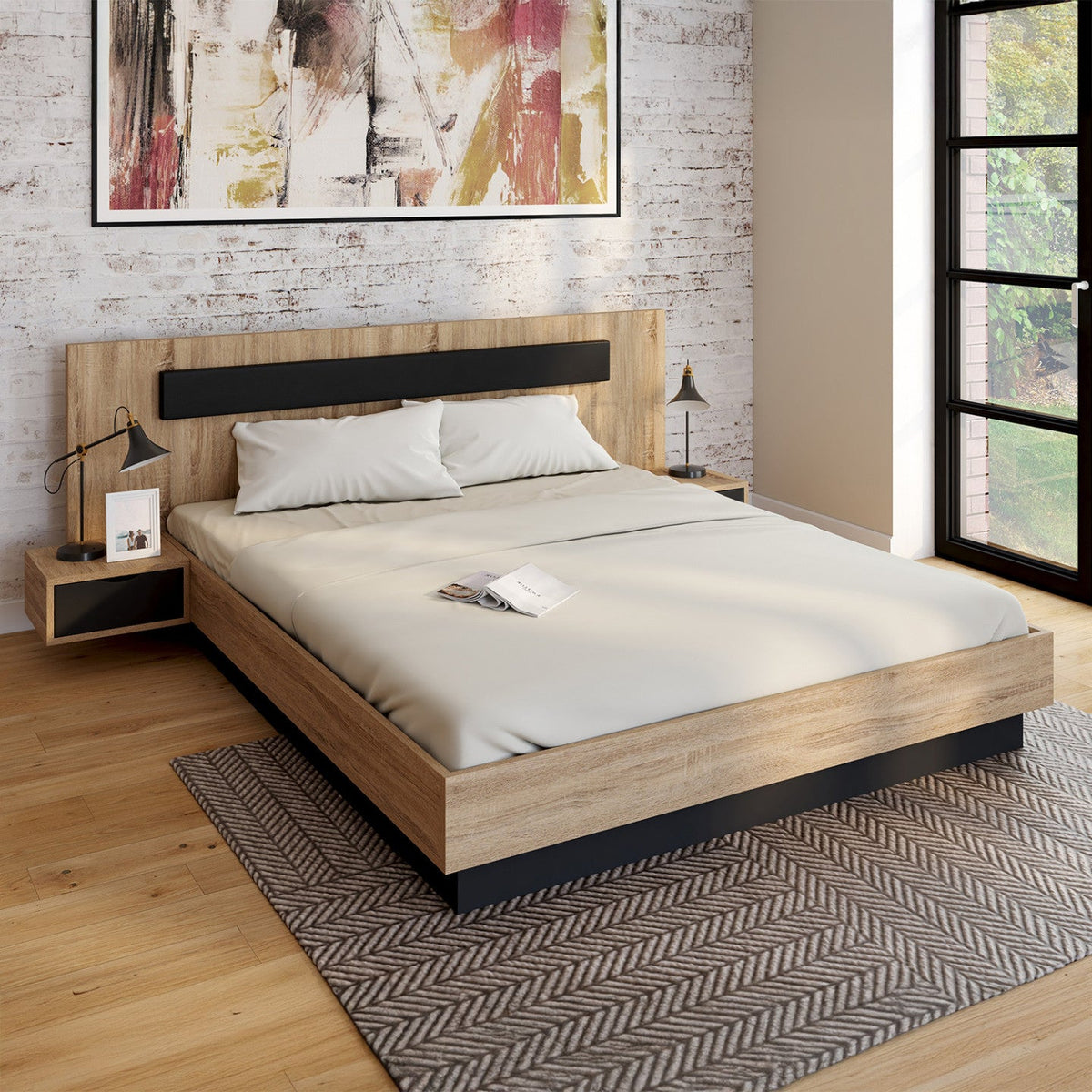 Lit double SANTA avec tête de lit + tables de chevet intégrées et sommier 160 x 200 cm bois et noir