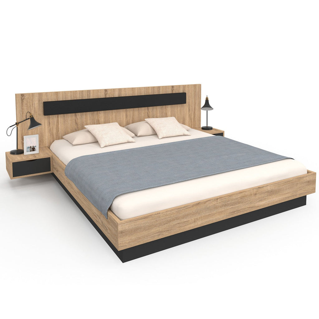 Lit double SANTA avec tête de lit + tables de chevet intégrées et sommier 180 x 200 cm bois et noir