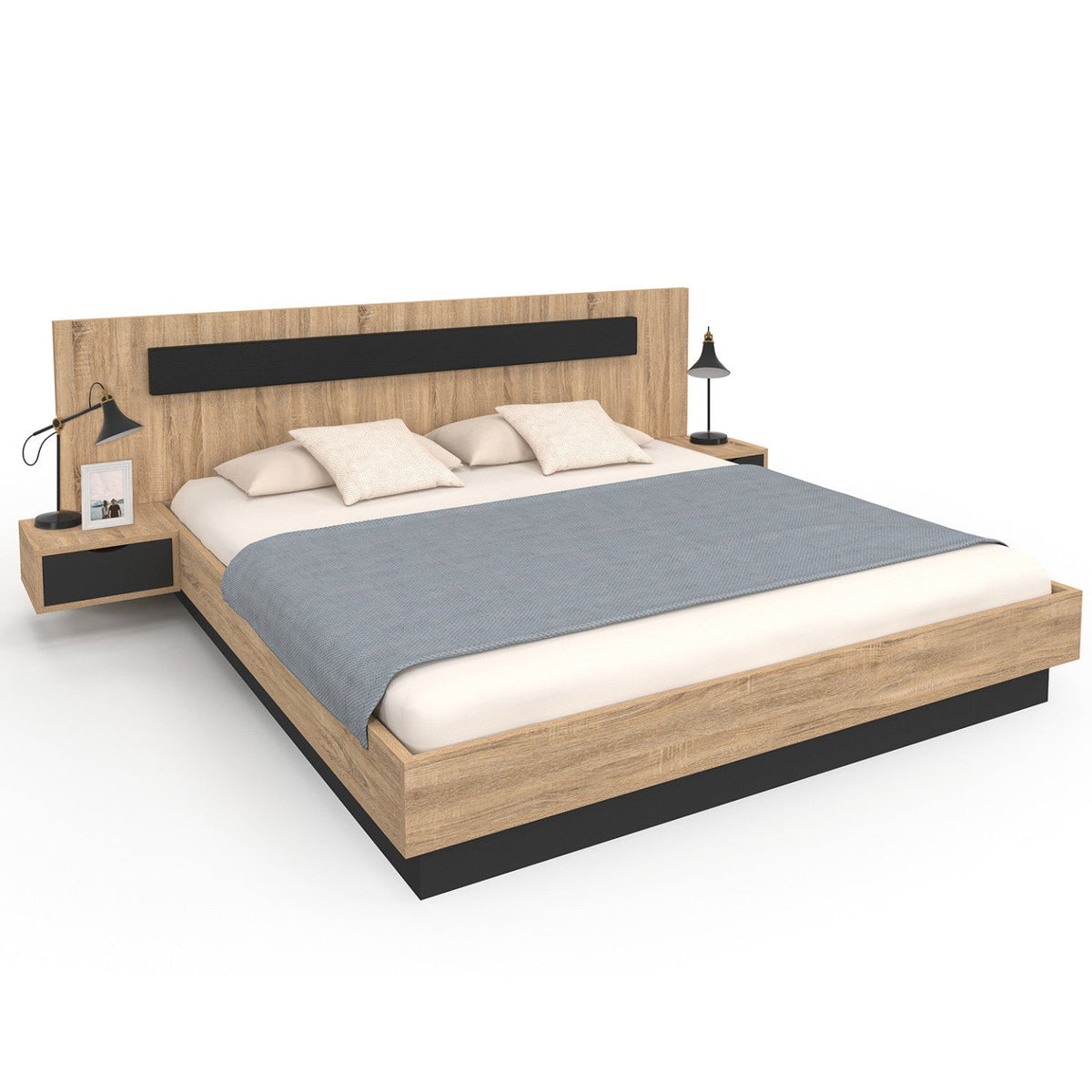 Lit double SANTA avec tête de lit + tables de chevet intégrées et sommier 180 x 200 cm bois et noir