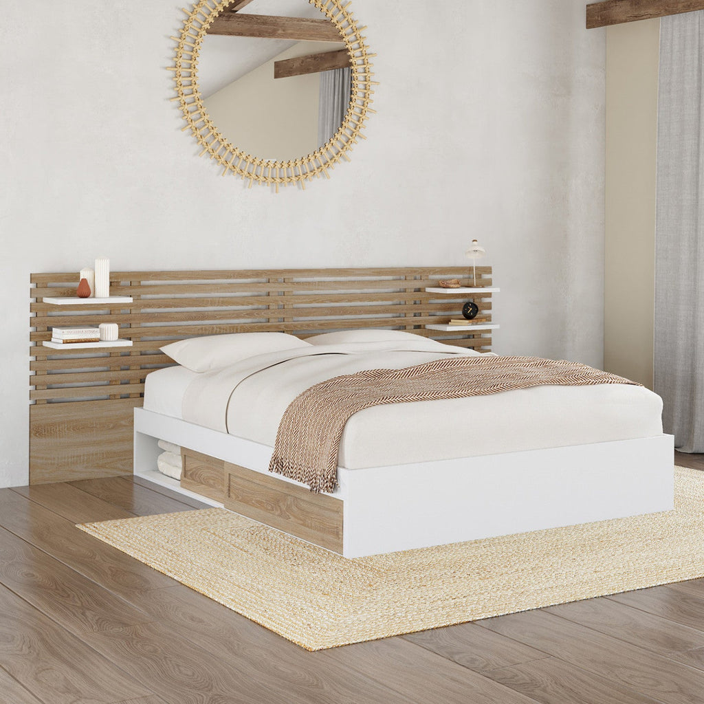 Lit double SAVANA avec tête de lit, chevets, rangements et sommier 140 x 190 cm hêtre et blanc