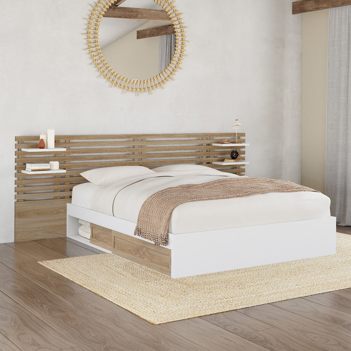 Lit double SAVANA avec tête de lit, chevets, rangements et sommier 140 x 190 cm hêtre et blanc