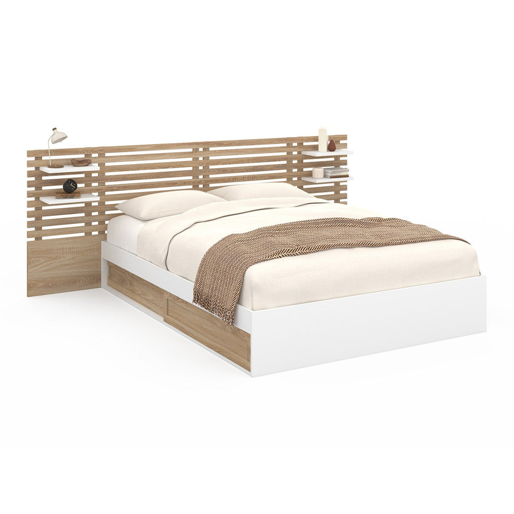 Lit double SAVANA avec tête de lit, chevets, rangements et sommier 140 x 190 cm hêtre et blanc