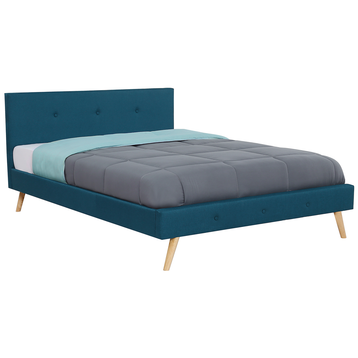 Lit double scandinave OSLO avec tête de lit et sommier 160 x 200 cm tissu bleu canard