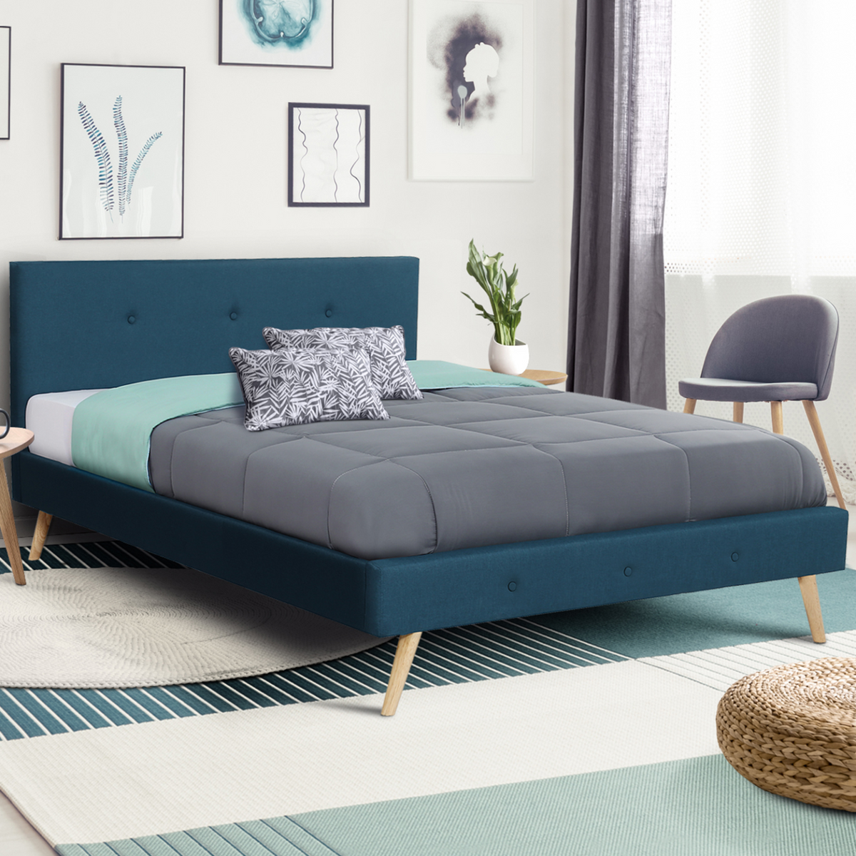 Lit double scandinave OSLO avec tête de lit et sommier 160 x 200 cm tissu bleu canard