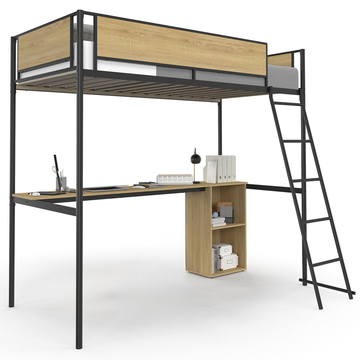 Lit mezzanine simple DETROIT avec bureau et rangements 90 x 190 cm style industriel