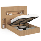 Lit pont coffre double JULIETTE avec armoire, rangements et sommier 140 x 190 cm effet lattes tasseaux en bois