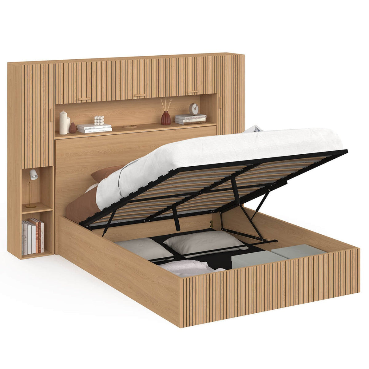 Lit pont coffre double JULIETTE avec armoire, rangements et sommier 140 x 190 cm effet lattes tasseaux en bois