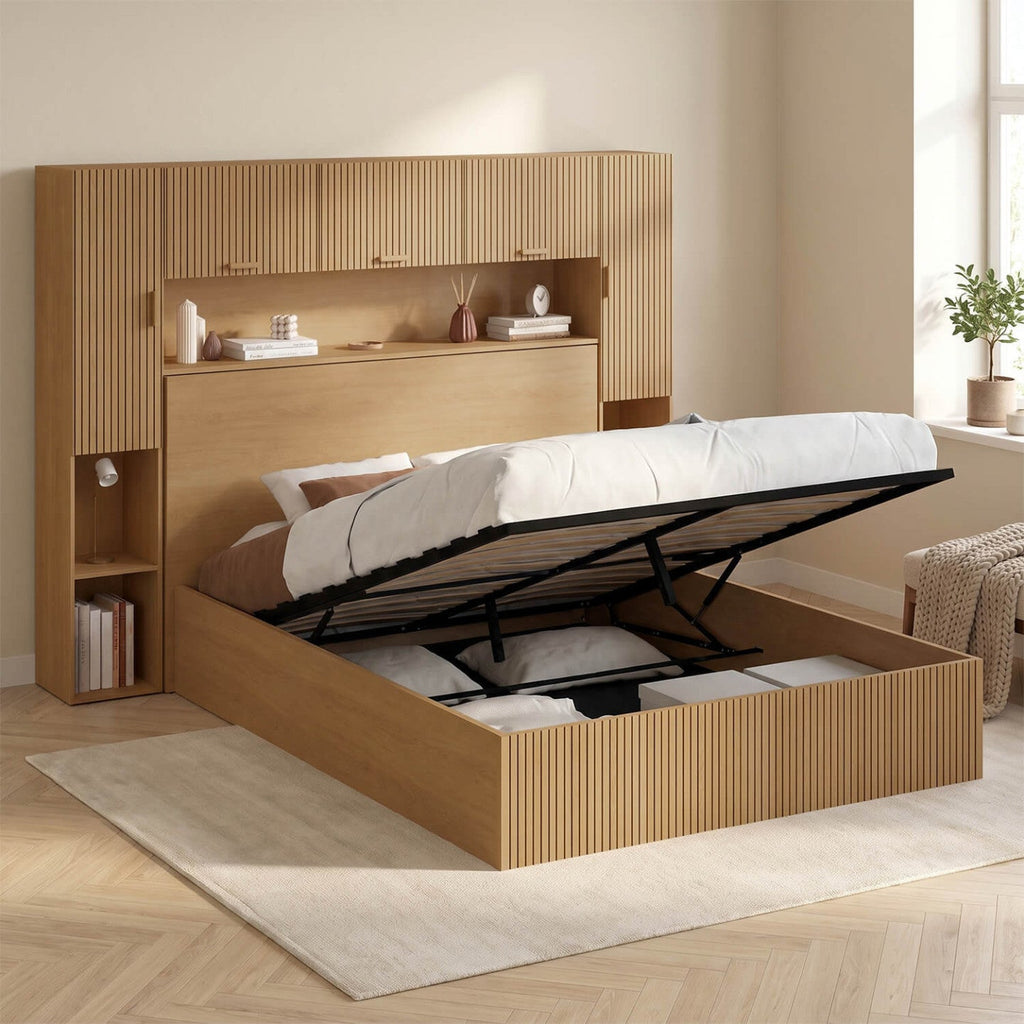 Lit pont coffre double JULIETTE avec armoire, rangements et sommier 140 x 190 cm effet lattes tasseaux en bois