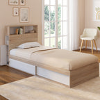 Lit simple CLEM avec rangement, tête de lit et sommier 90 x 190 cm hêtre et blanc