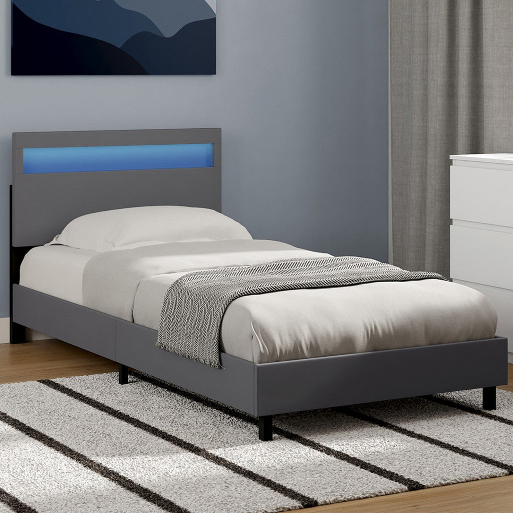 Lit simple NEO avec tête de lit LED intégrée et sommier 90 x 190 cm PVC gris