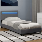 Lit simple NEO avec tête de lit LED intégrée et sommier 90 x 190 cm PVC gris