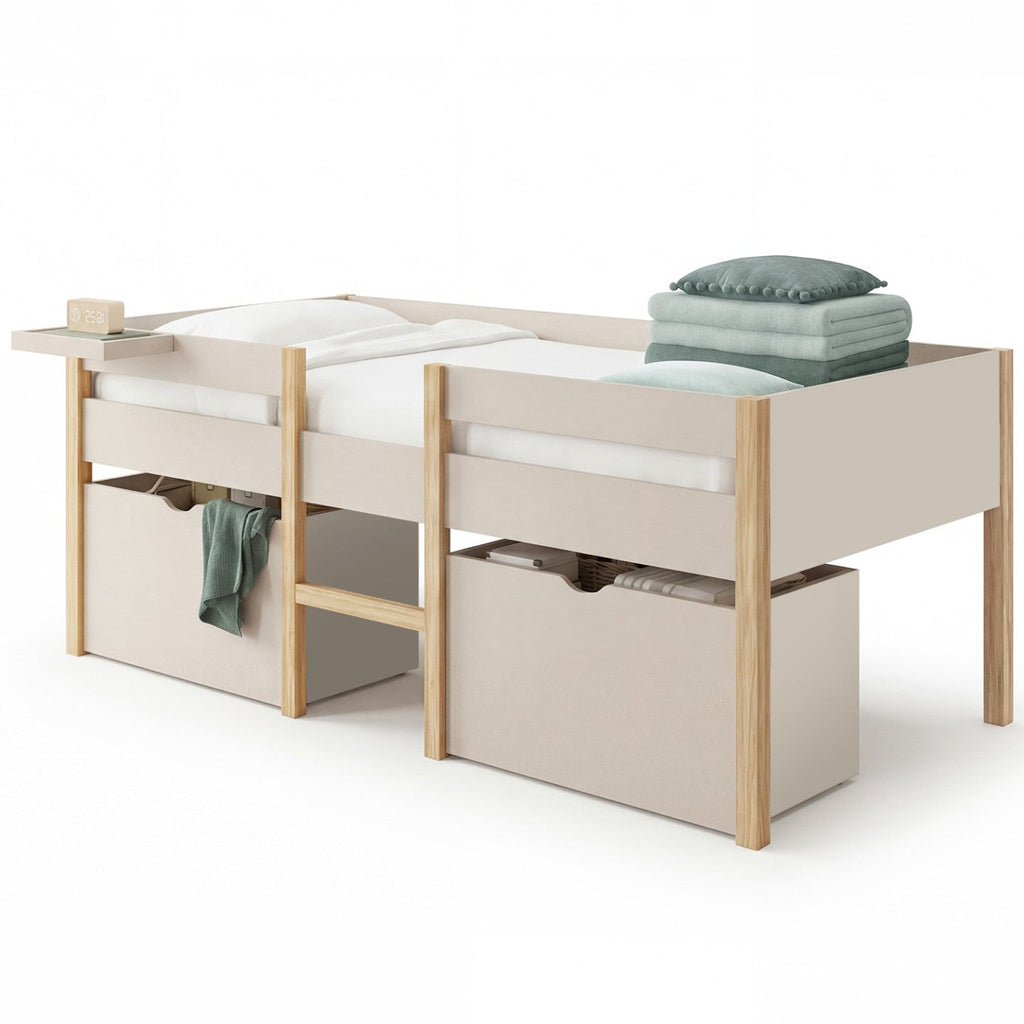Lit simple surélevé mi-hauteur 90 x 190 cm SERVANE avec sommier, barrières, 2 tiroirs de rangement et tablette beige et bois