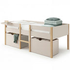 Lit simple surélevé mi-hauteur 90 x 190 cm SERVANE avec sommier, barrières, 2 tiroirs de rangement et tablette beige et bois
