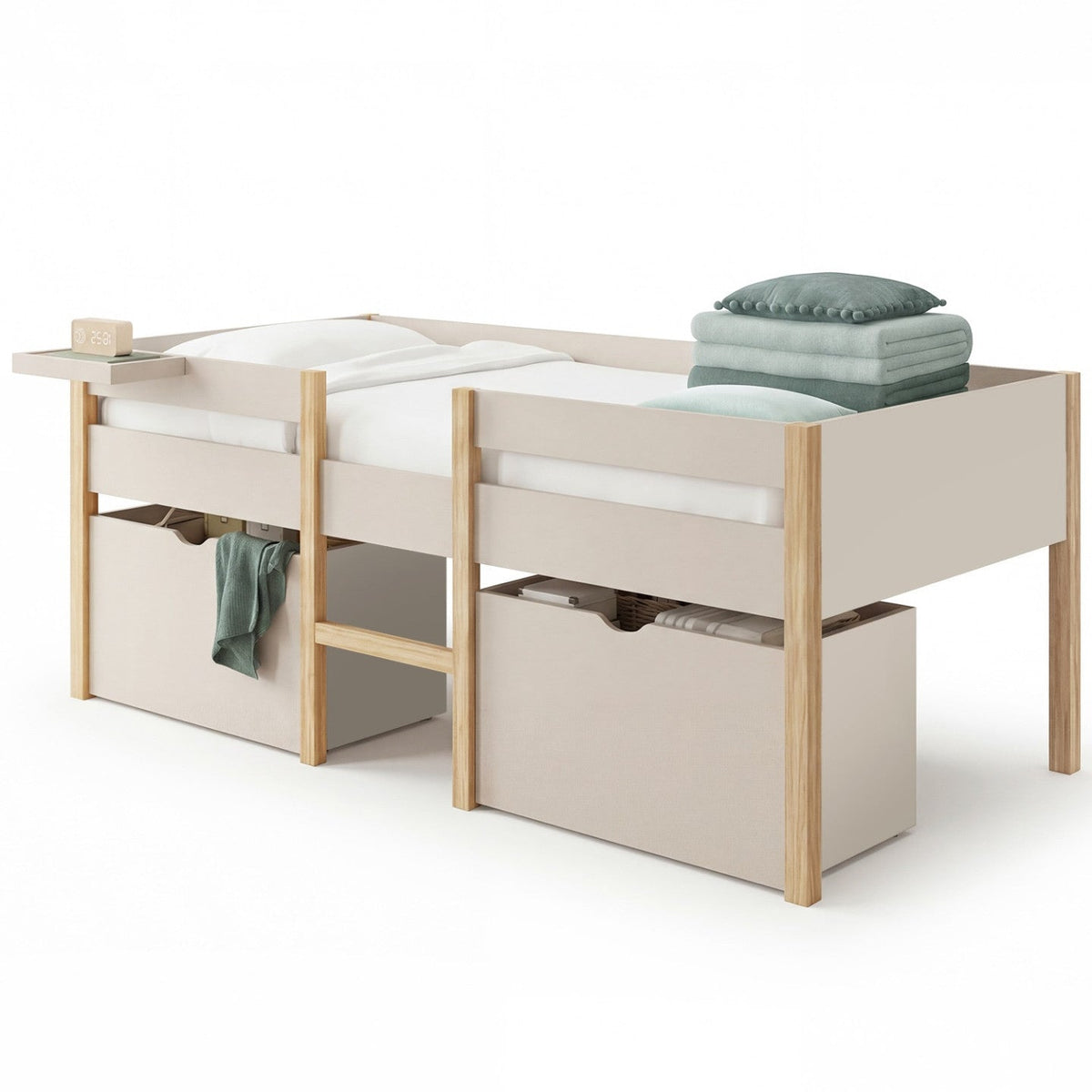 Lit simple surélevé mi-hauteur 90 x 190 cm SERVANE avec sommier, barrières, 2 tiroirs de rangement et tablette beige et bois