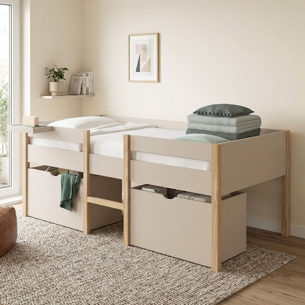 Lit simple surélevé mi-hauteur 90 x 190 cm SERVANE avec sommier, barrières, 2 tiroirs de rangement et tablette beige et bois